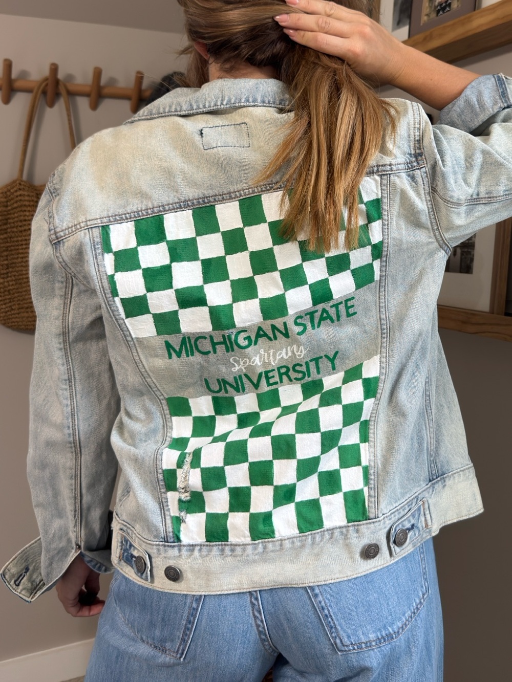 Hand Painted Michigan State University Green Check Denim Jacket (Express Jacket)